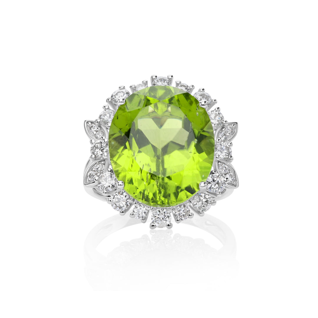 14.28 Cts Peridot and White Diamond Ring in 14K White Gold