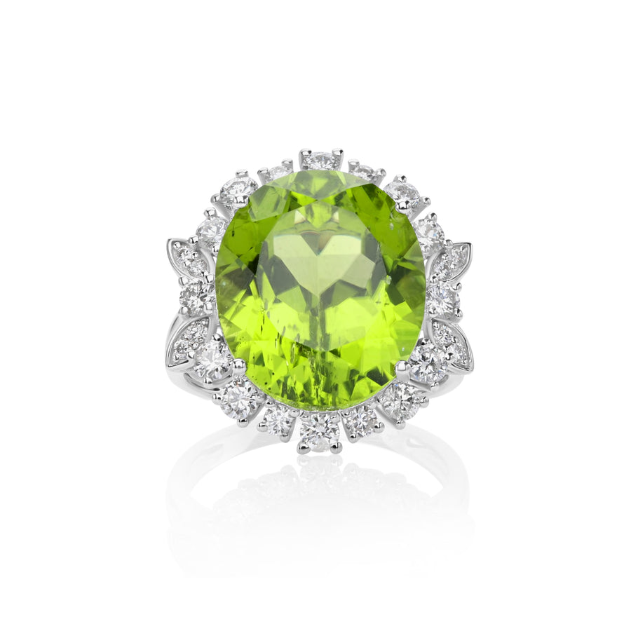 14.28 Cts Peridot and White Diamond Ring in 14K White Gold