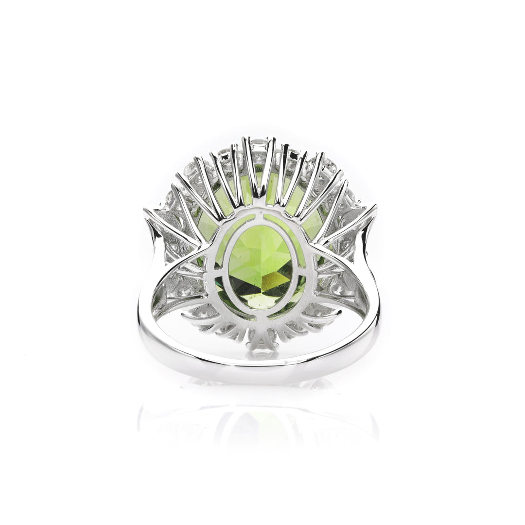 14.28 Cts Peridot and White Diamond Ring in 14K White Gold