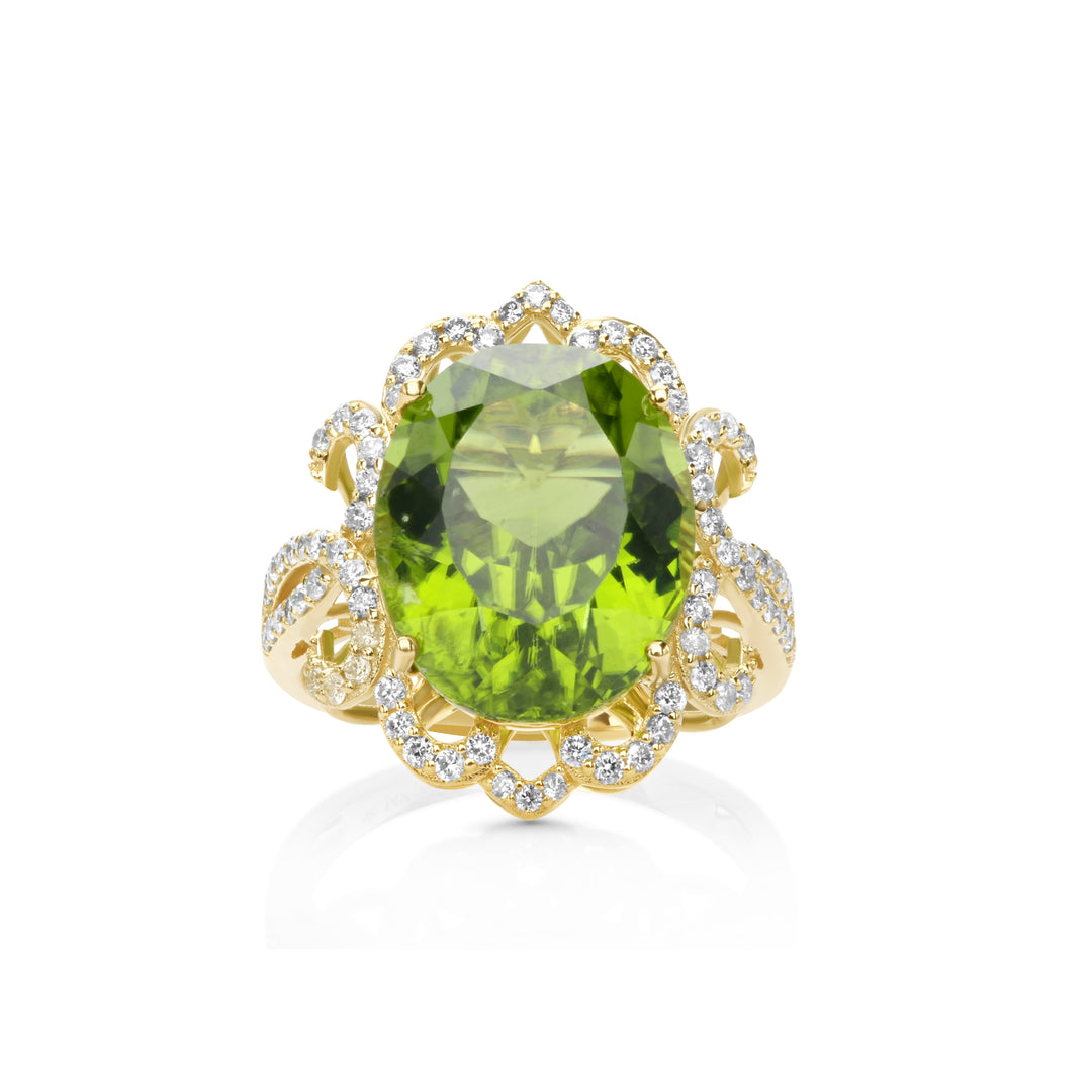 13.34 Cts Peridot and White Diamond Ring in 14K Yellow Gold