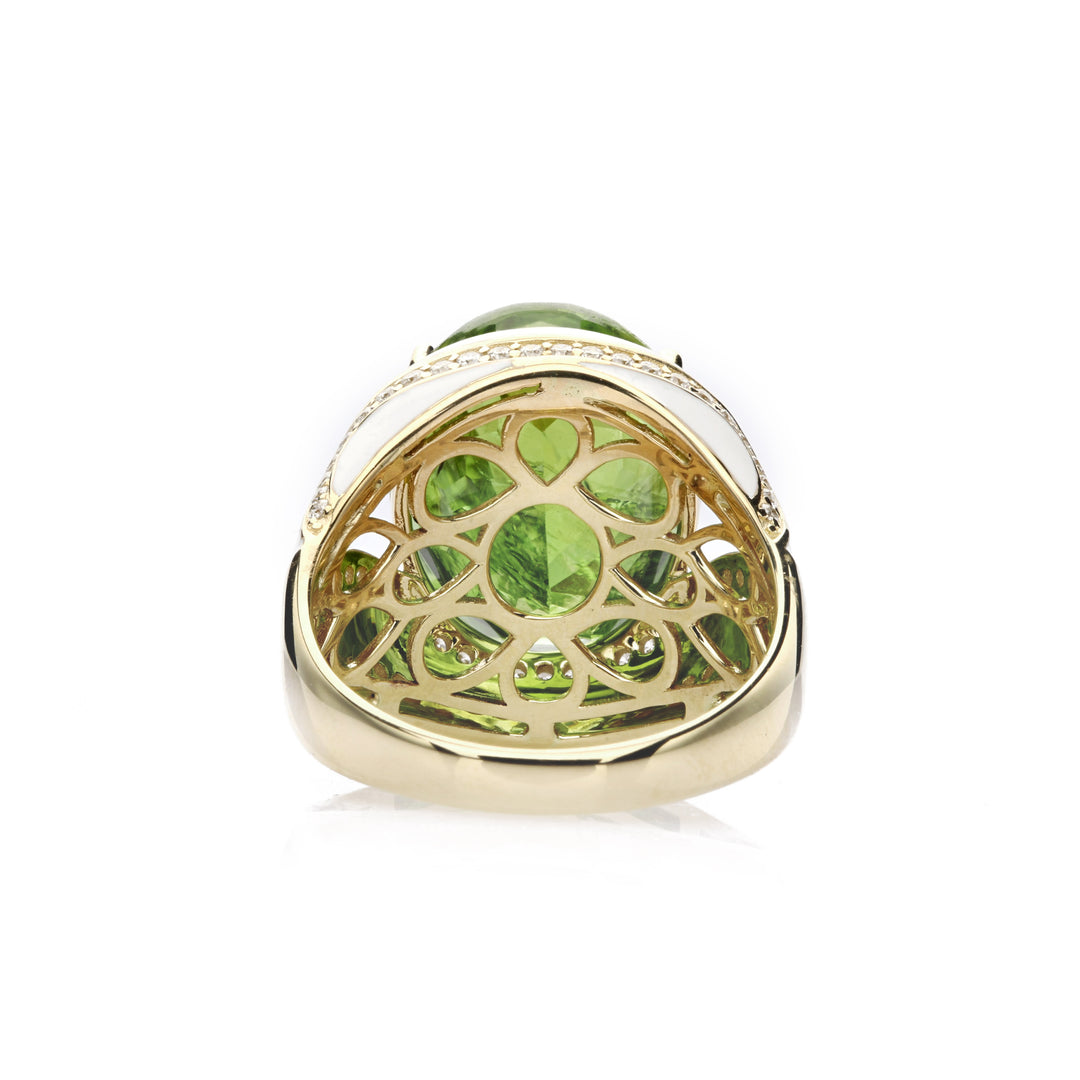 14.15 Cts Peridot and White Diamond Ring in 14K Yellow Gold