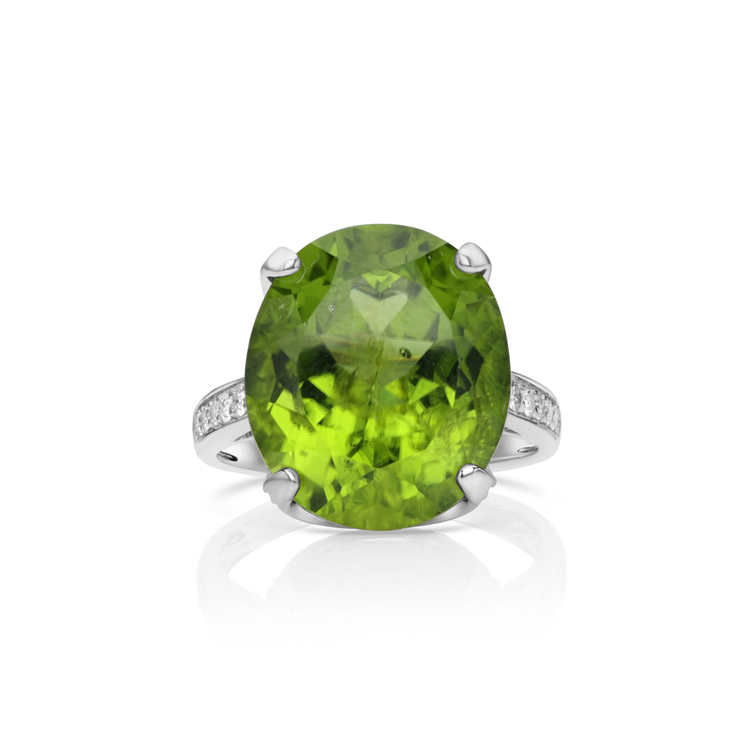 15.88 Cts Peridot and White Diamond Ring in 14K White Gold