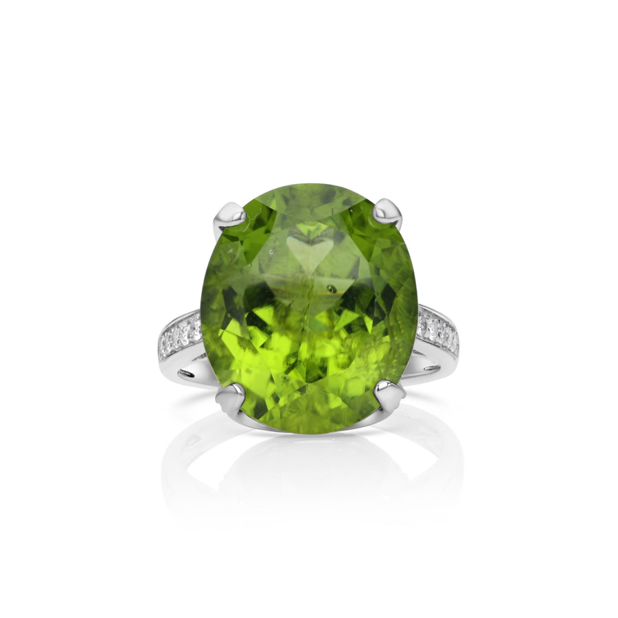 15.88 Cts Peridot and White Diamond Ring in 14K White Gold