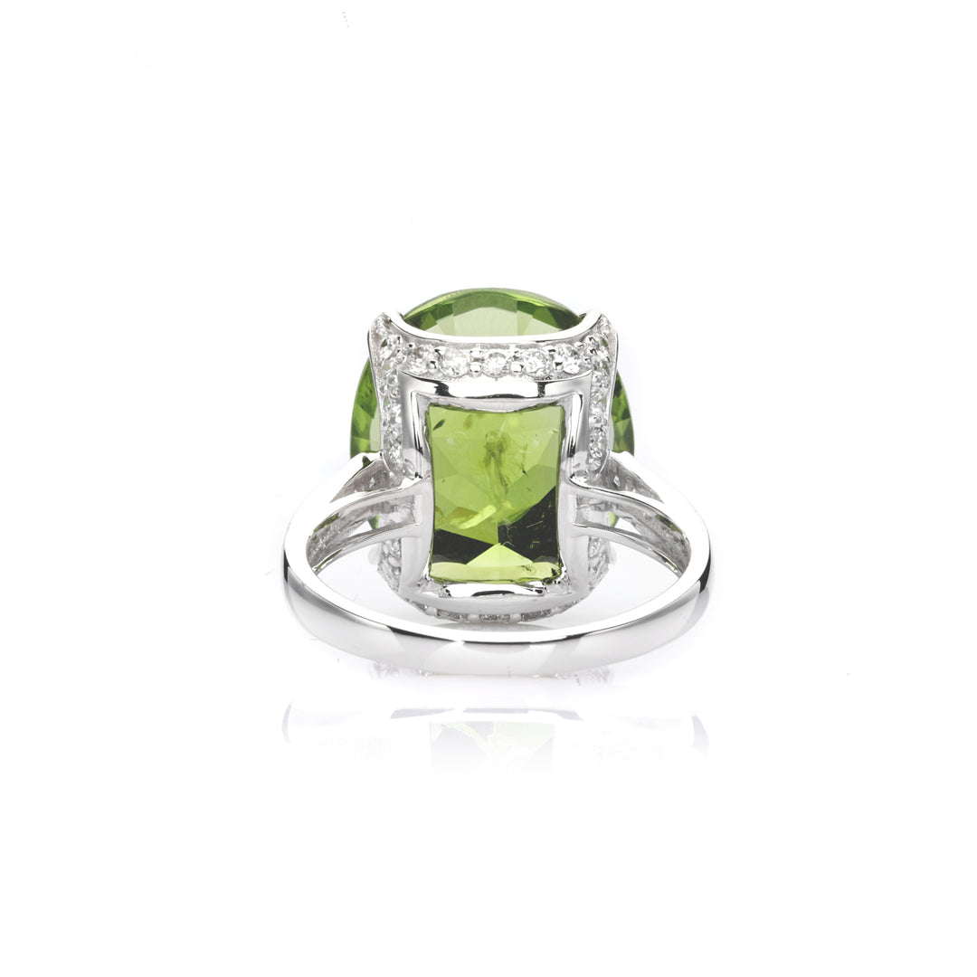 15.88 Cts Peridot and White Diamond Ring in 14K White Gold
