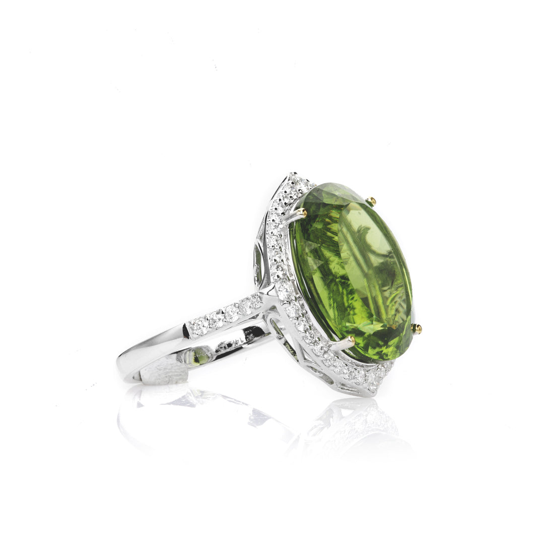 14.66 Cts Peridot and White Diamond Ring in 14K Two Tone