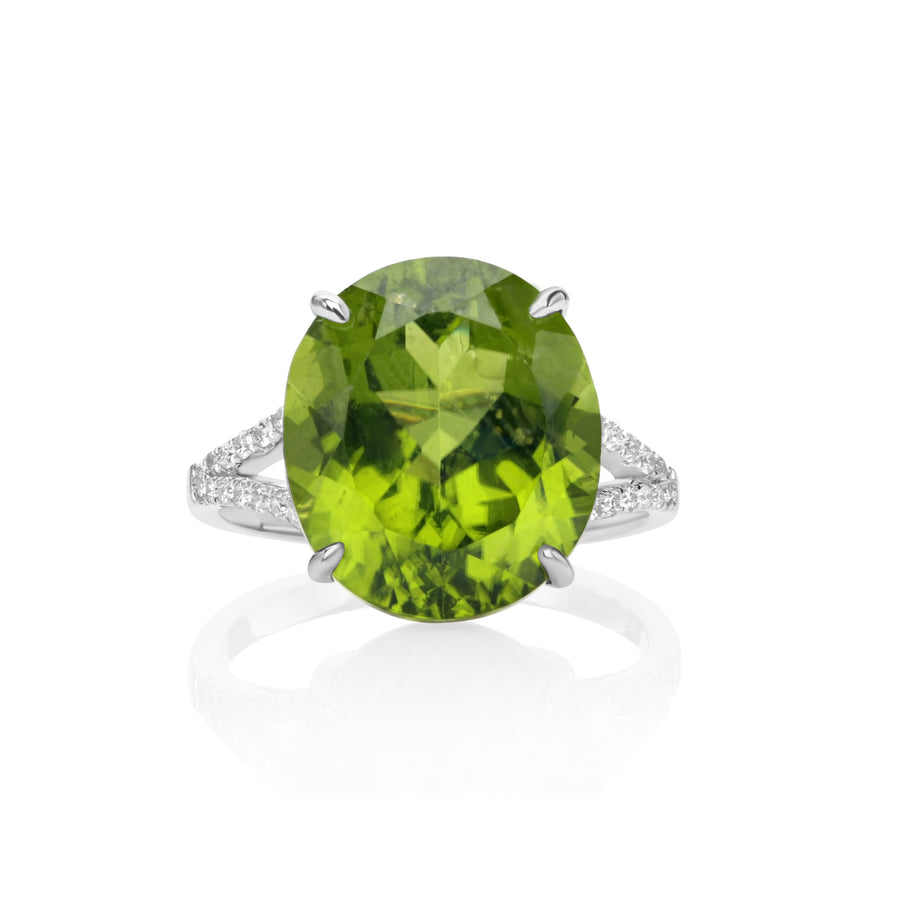 12.29 Cts Peridot and White Diamond Ring in 14K White Gold