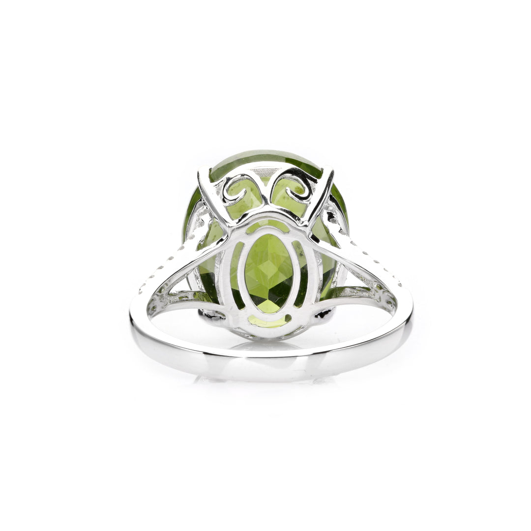 12.29 Cts Peridot and White Diamond Ring in 14K White Gold