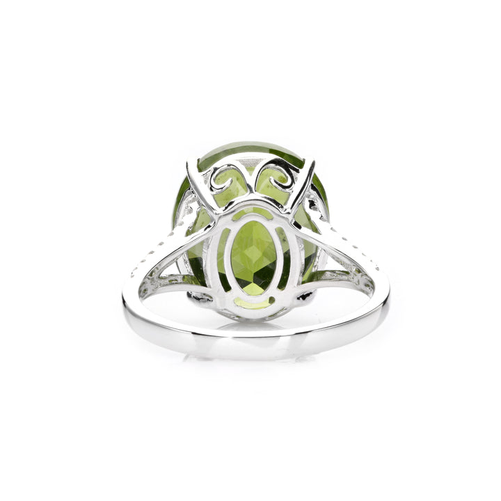 12.29 Cts Peridot and White Diamond Ring in 14K White Gold