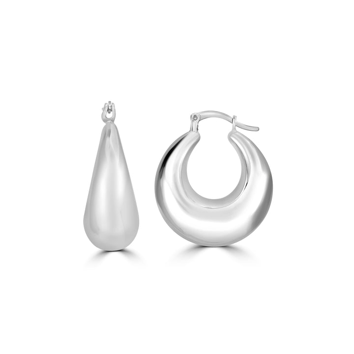 White Rhodium Plated Dome Hoop Earring in 925 Silver