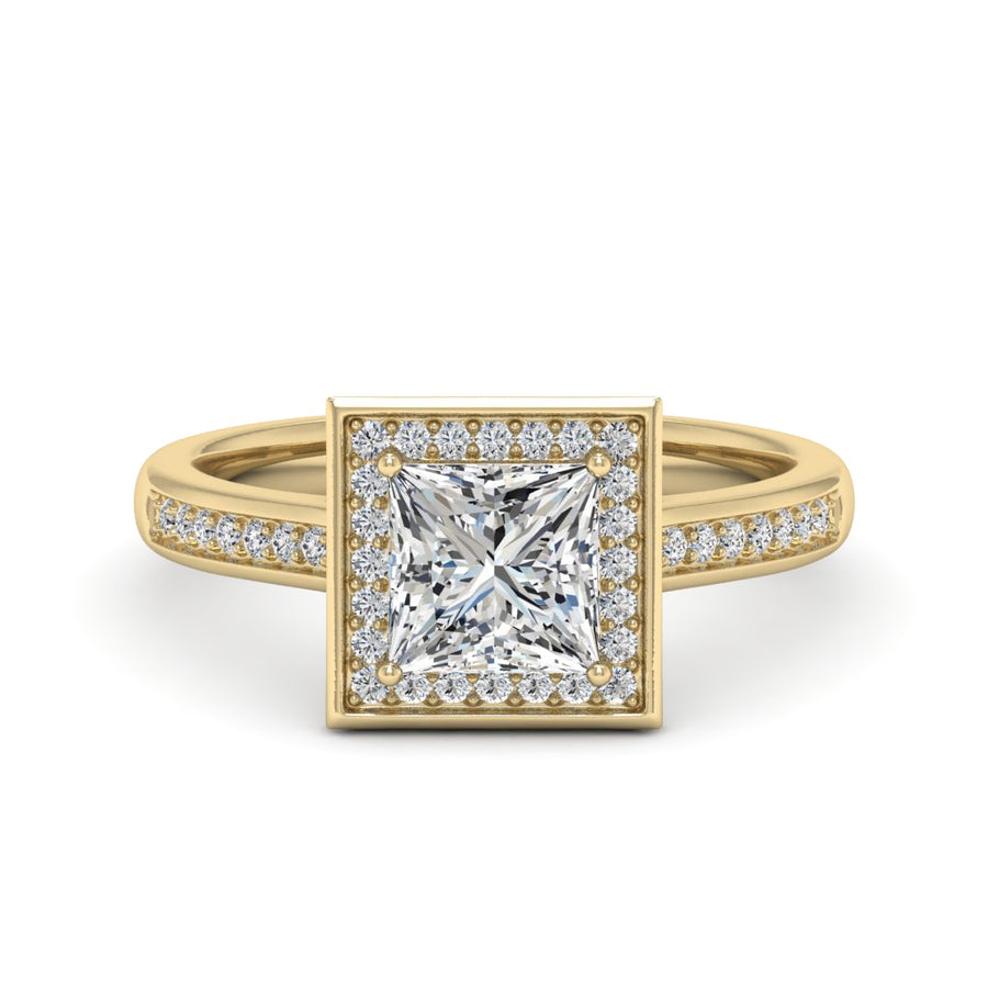 1.30 DEW Princess Cut White Moissanite Halo Ring in 14K Gold