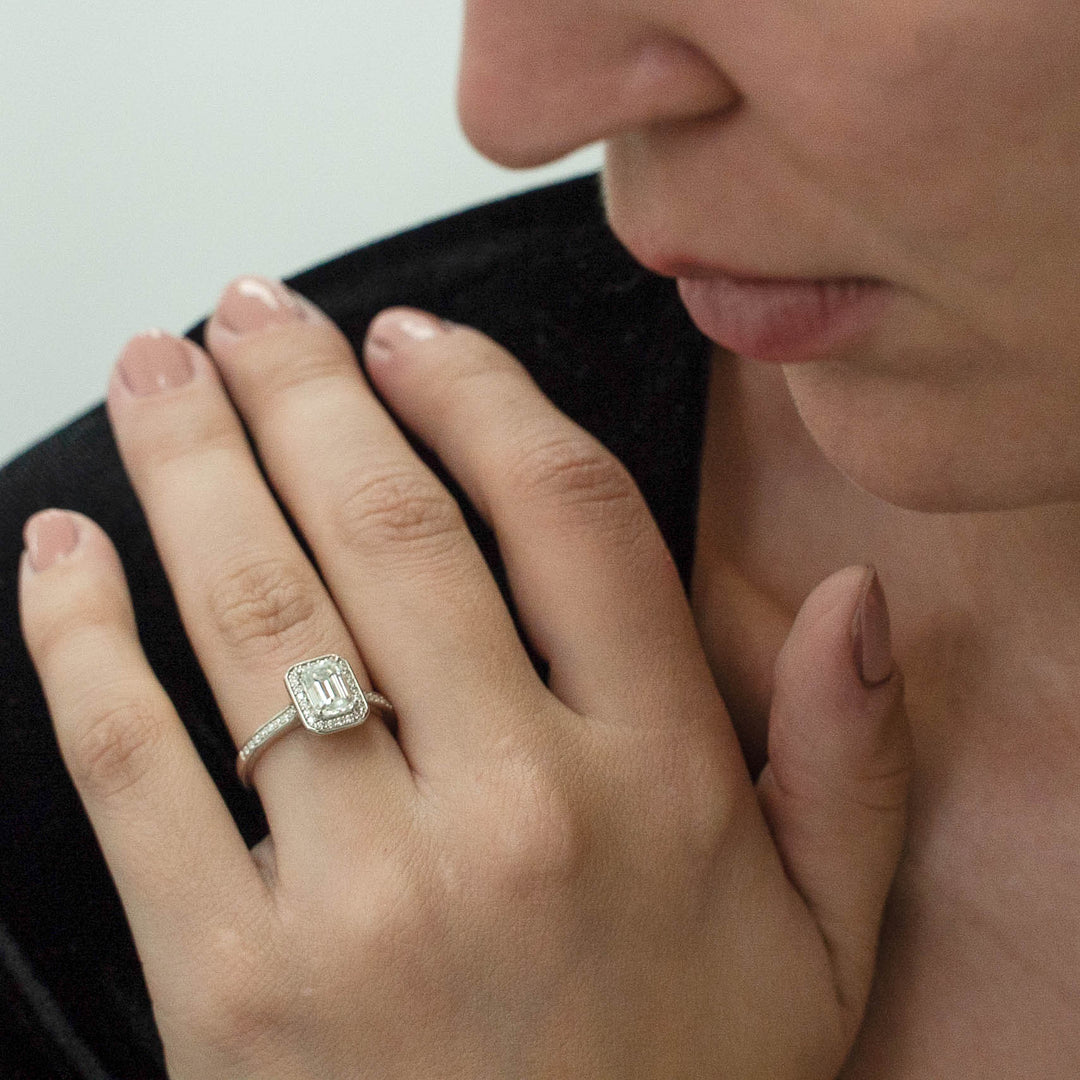 1.00 DEW Octagon White Moissanite Halo Ring in 14K Gold