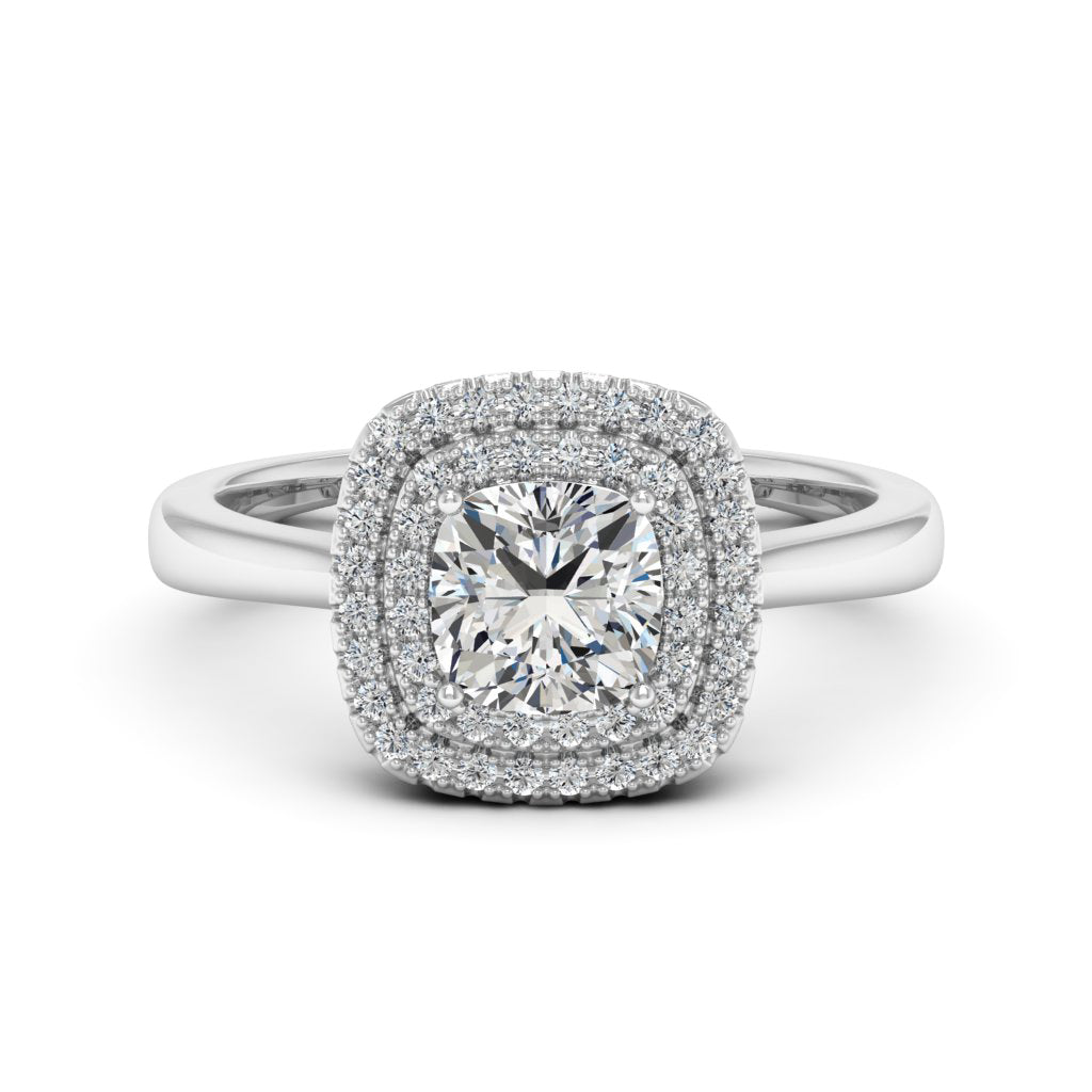 1.00 DEW Cushion White Moissanite Halo Ring in 14K Gold