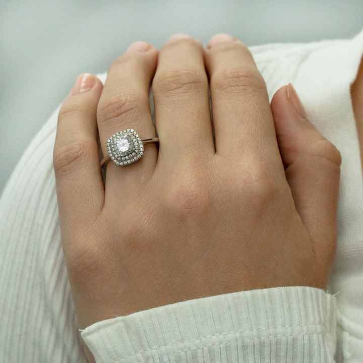 1.00 DEW Cushion White Moissanite Halo Ring in 14K Gold