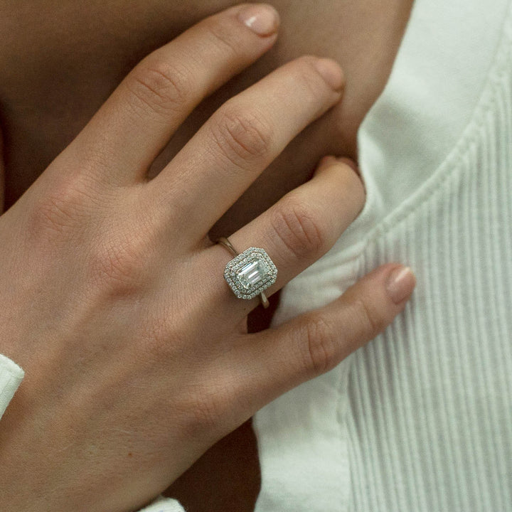 1.00 DEW Octagon White Moissanite Halo Ring in 14K Gold