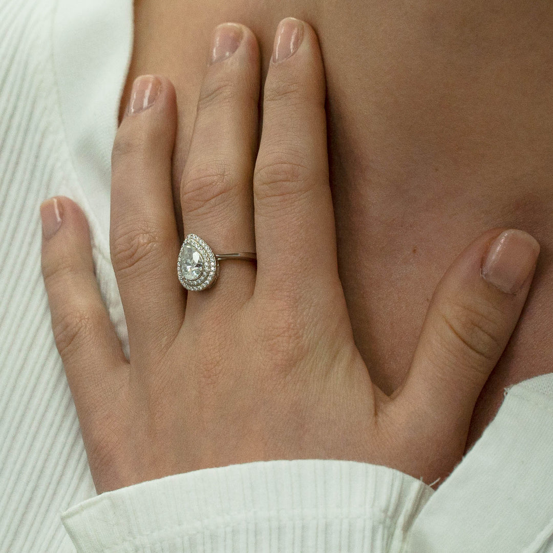 1.50 DEW Pear White Moissanite Halo Ring in 14K Gold