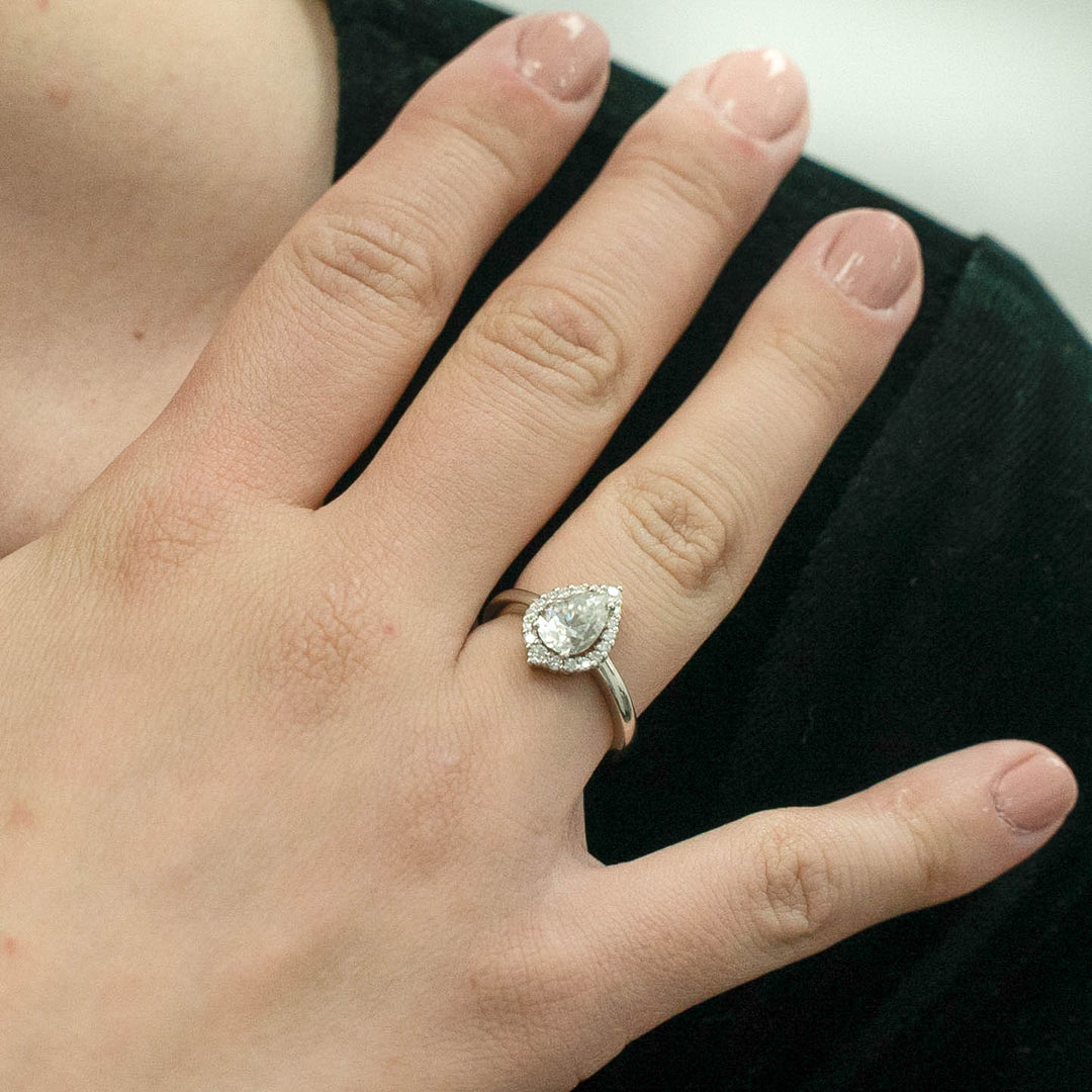 1.50 DEW Pear White Moissanite Ring in 14K Gold
