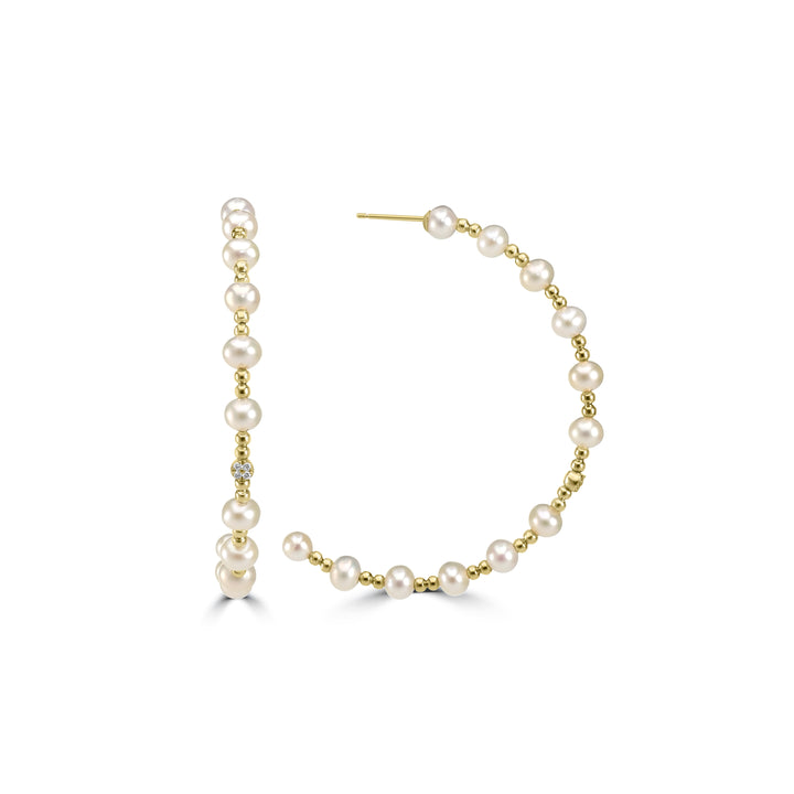 Pearl Beaded Hoop Earring in 18K YG