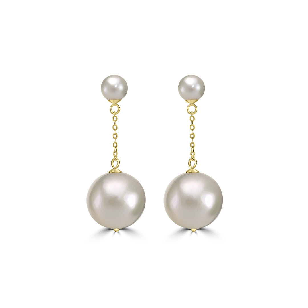 Classic Round Pearl Dangle Earrings with Luxury Gold Chain - White Pearl Drop Jewelry in 18K Yellow Gold