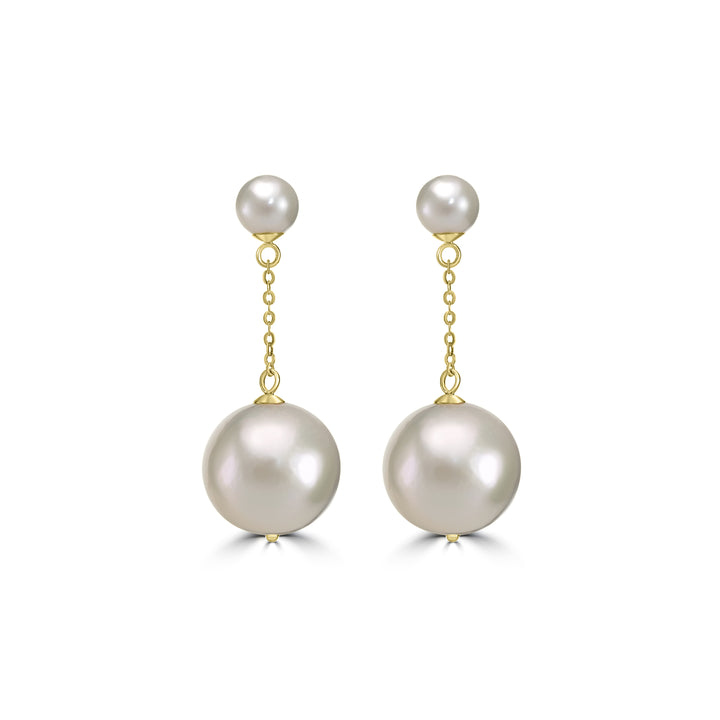 Classic Round Pearl Dangle Earrings with Luxury Gold Chain - White Pearl Drop Jewelry in 18K Yellow Gold