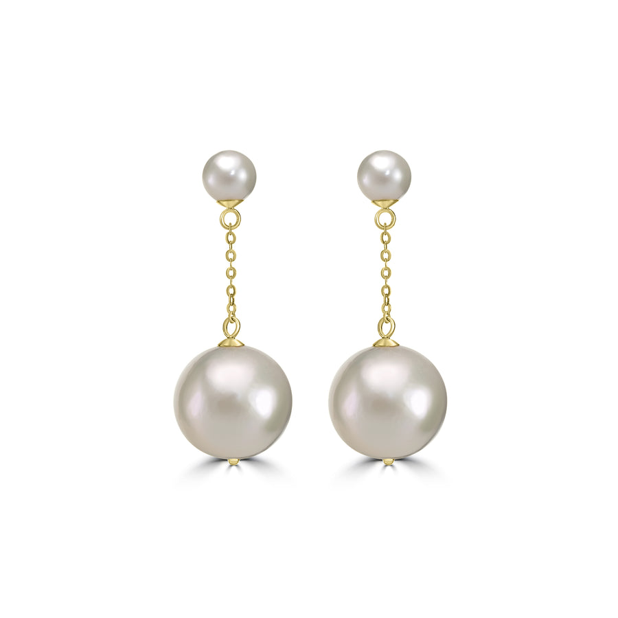 Classic Round Pearl Dangle Earrings with Luxury Gold Chain - White Pearl Drop Jewelry in 18K Yellow Gold