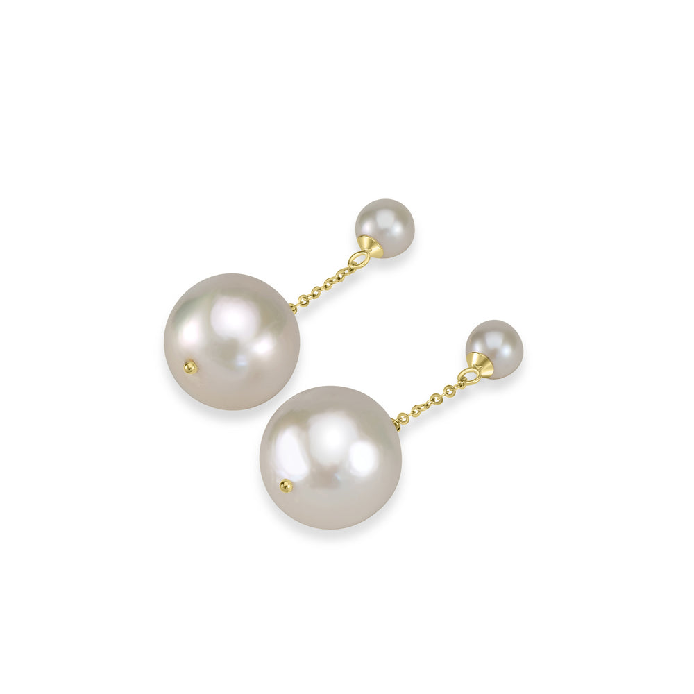 Classic Round Pearl Dangle Earrings with Luxury Gold Chain - White Pearl Drop Jewelry in 18K Yellow Gold