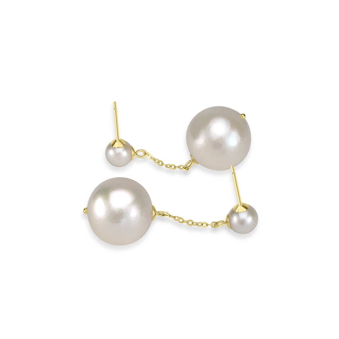 Classic Round Pearl Dangle Earrings with Luxury Gold Chain - White Pearl Drop Jewelry in 18K Yellow Gold