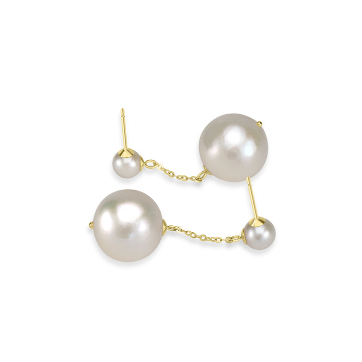 Classic Round Pearl Dangle Earrings with Luxury Gold Chain - White Pearl Drop Jewelry in 18K Yellow Gold