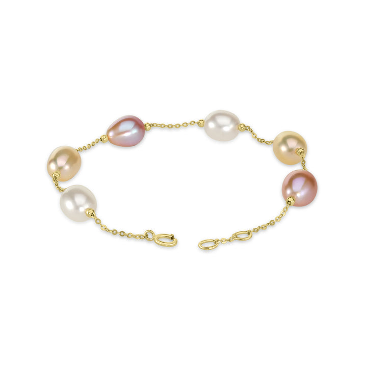 Multi Color Pearl Beaded Station Bracelet in 18K YG