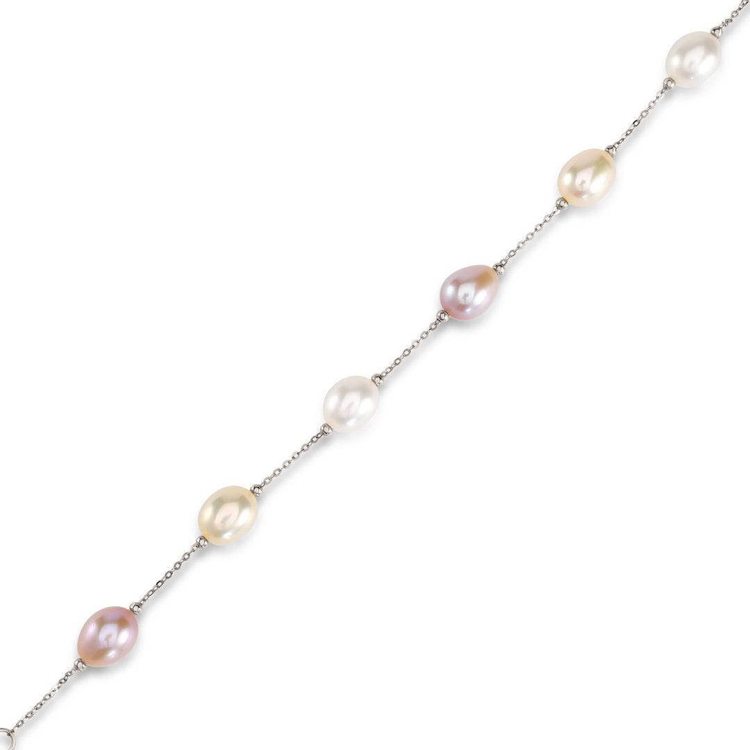 Multi Color Pearl Beaded Station Bracelet in 18K YG