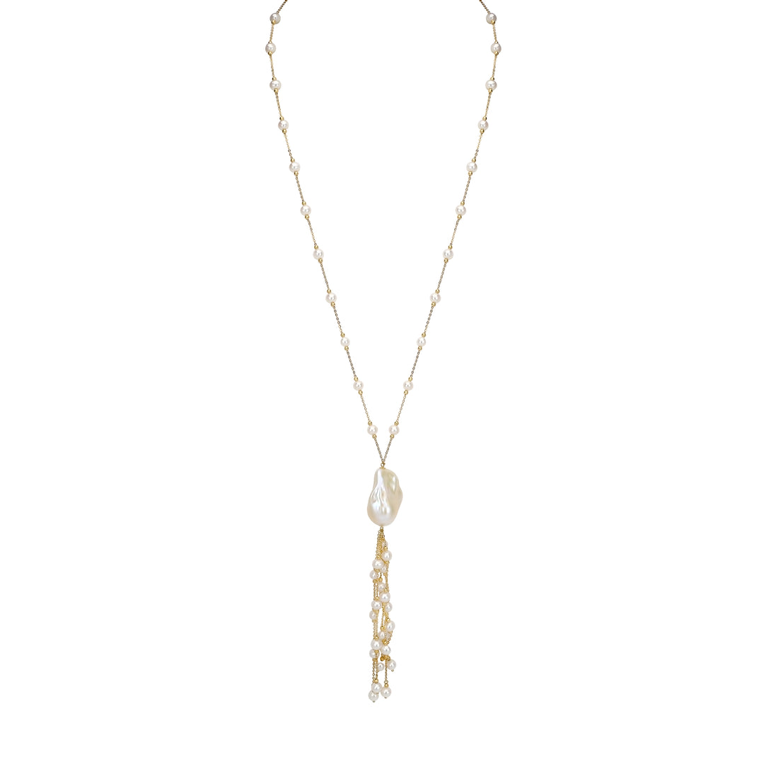 Pearl Beaded Tassel Necklace in 18K YG