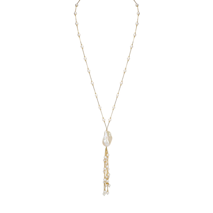 Pearl Beaded Tassel Necklace in 18K YG
