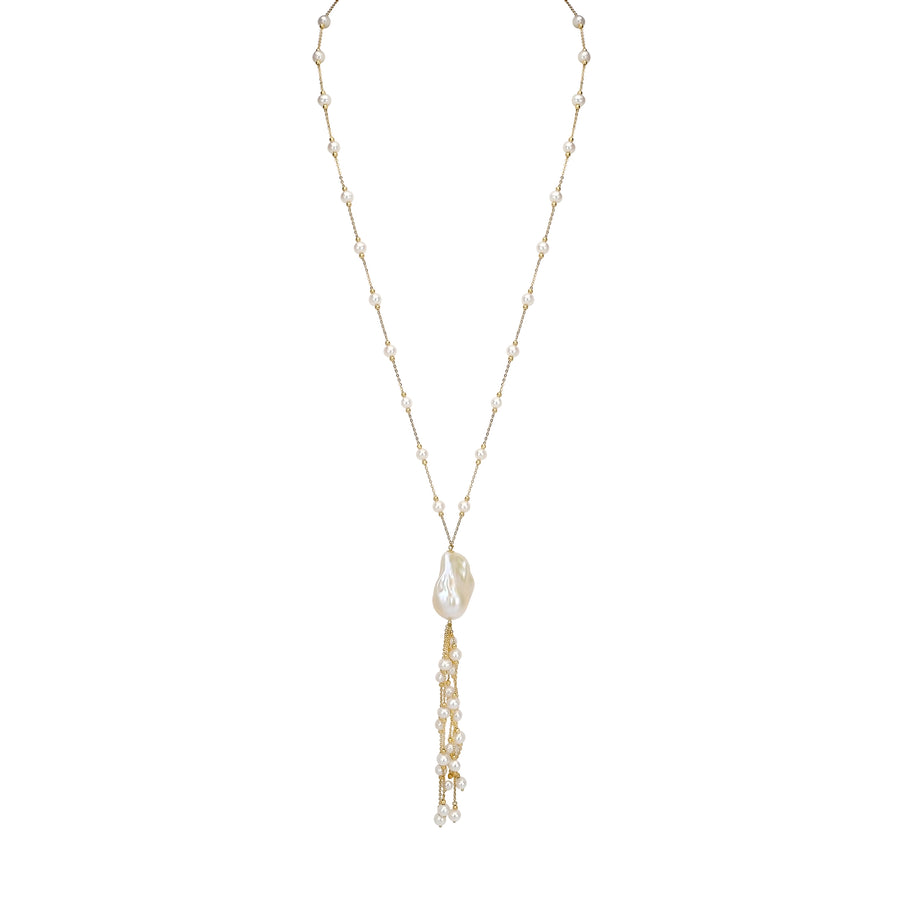 Pearl Beaded Tassel Necklace in 18K YG