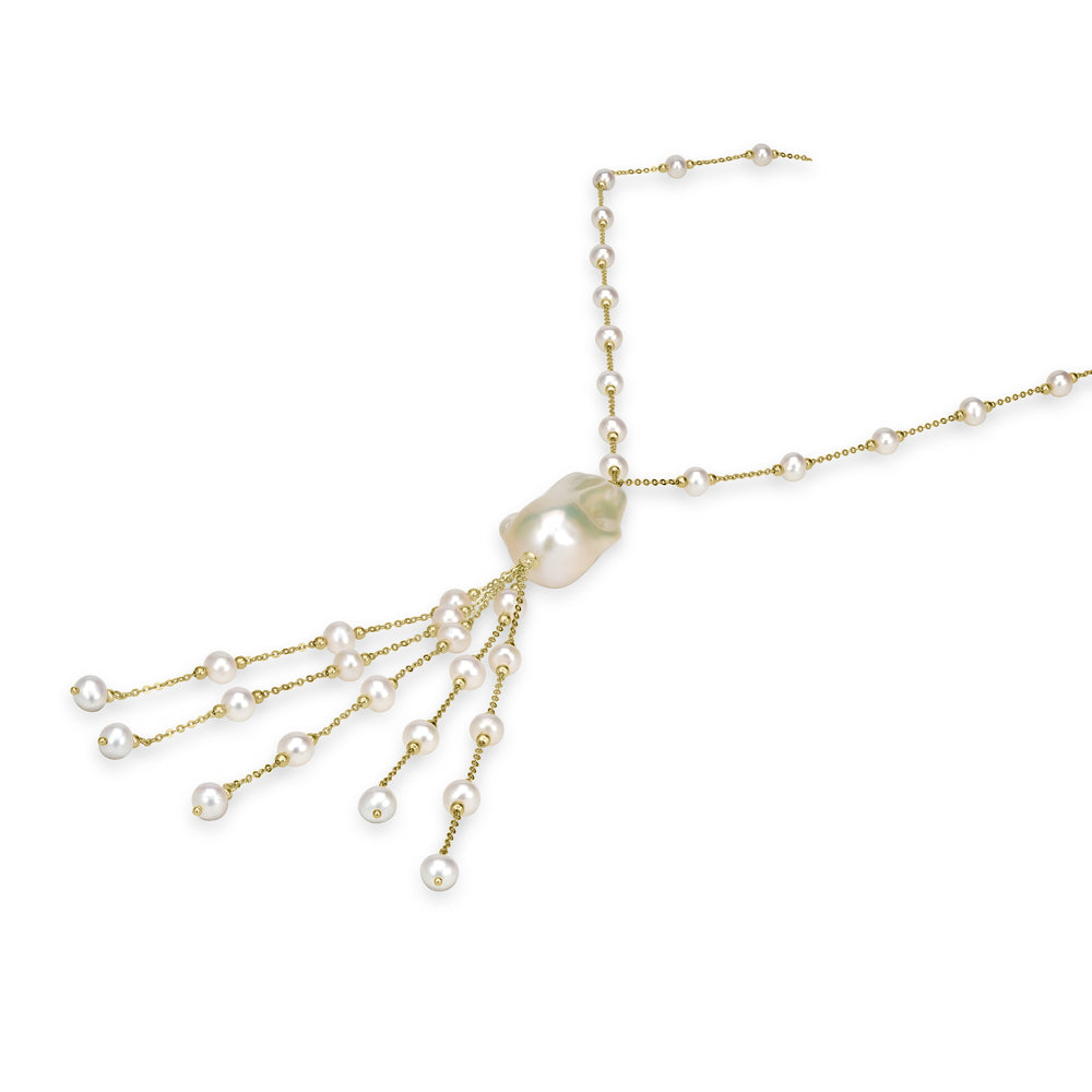 Pearl Beaded Tassel Necklace in 18K YG