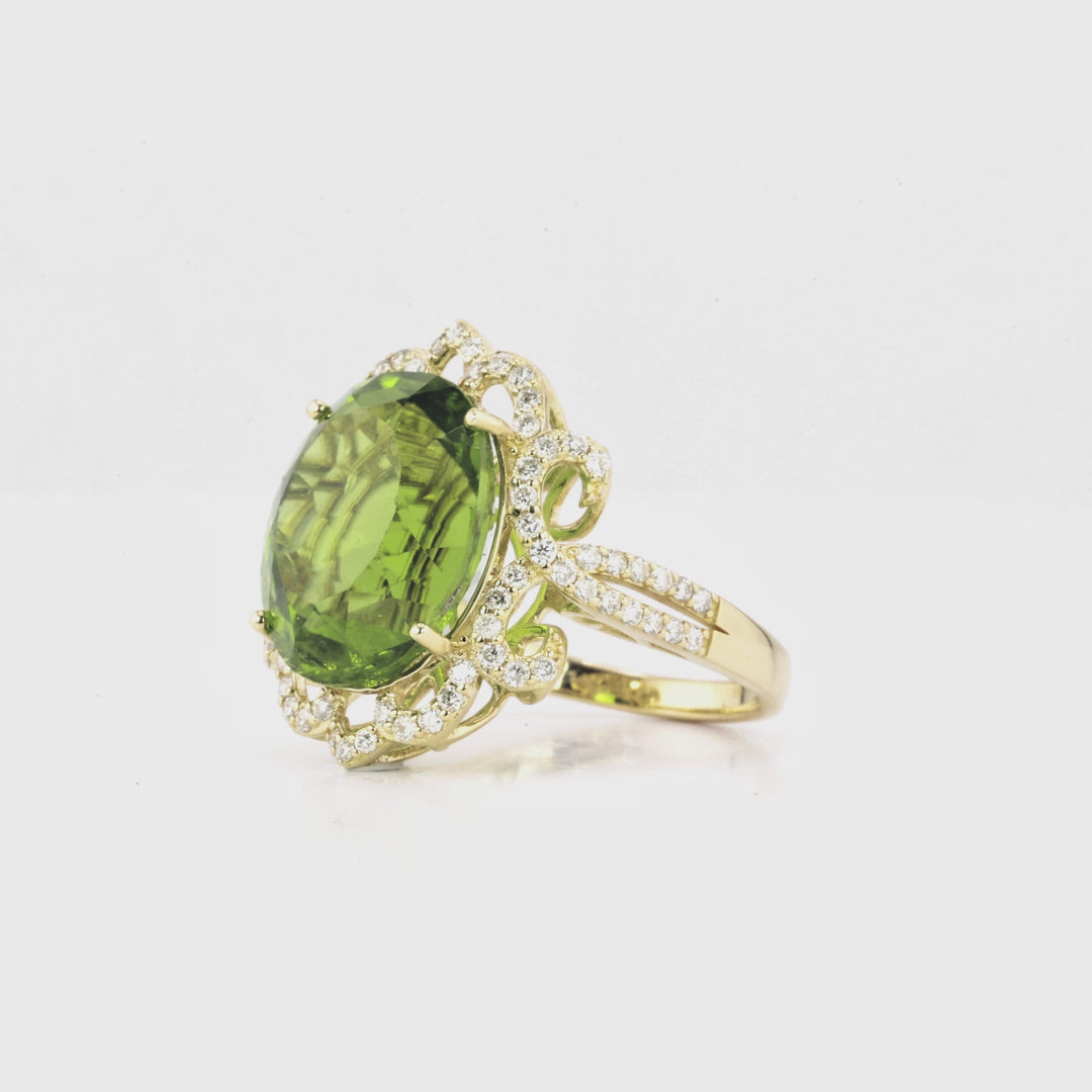 13.34 Cts Peridot and White Diamond Ring in 14K Yellow Gold