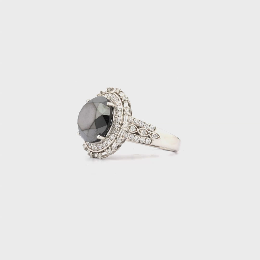 9.69 Cts Black Diamond and White Diamond Ring in 14K White Gold