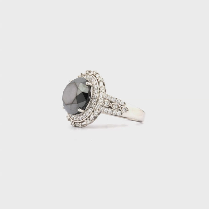 9.69 Cts Black Diamond and White Diamond Ring in 14K White Gold