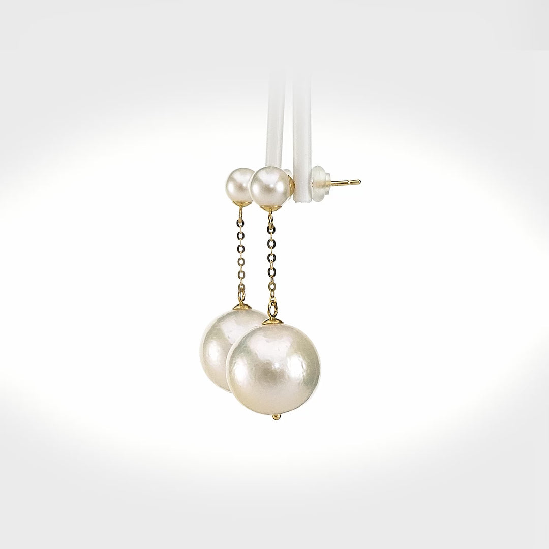 Classic Round Pearl Dangle Earrings with Luxury Gold Chain - White Pearl Drop Jewelry in 18K Yellow Gold
