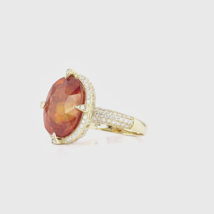 14.3 Cts Spessartite and White Diamond Ring in 18K Yellow Gold