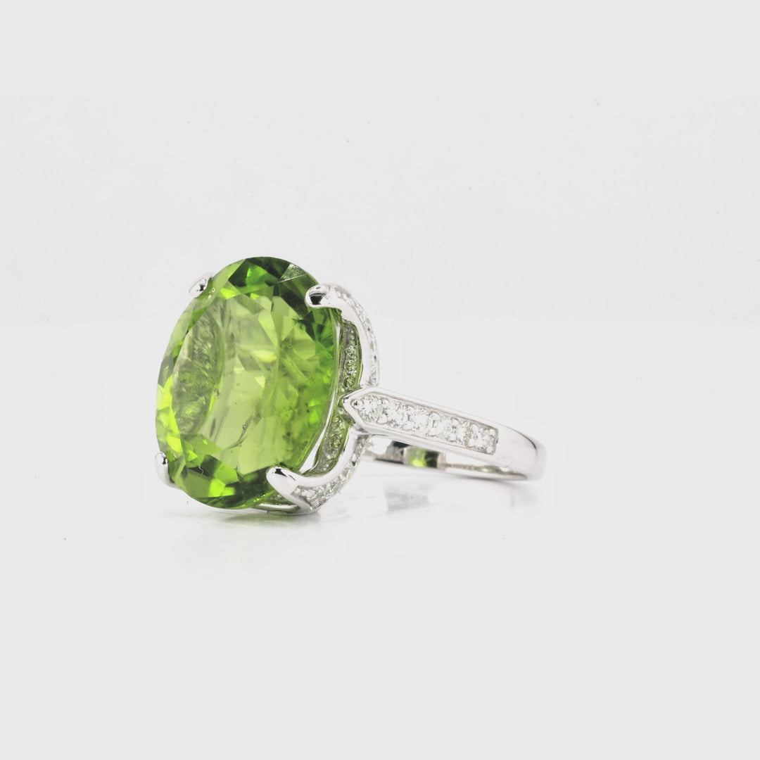15.88 Cts Peridot and White Diamond Ring in 14K White Gold