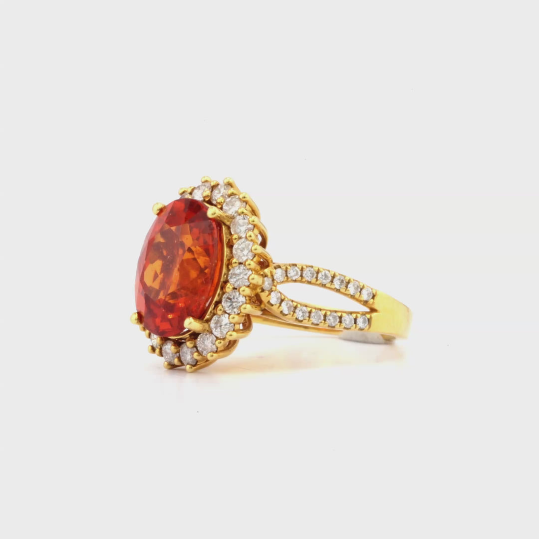 6.88 Cts Spessartite and White Diamond Ring in 18K Yellow Gold