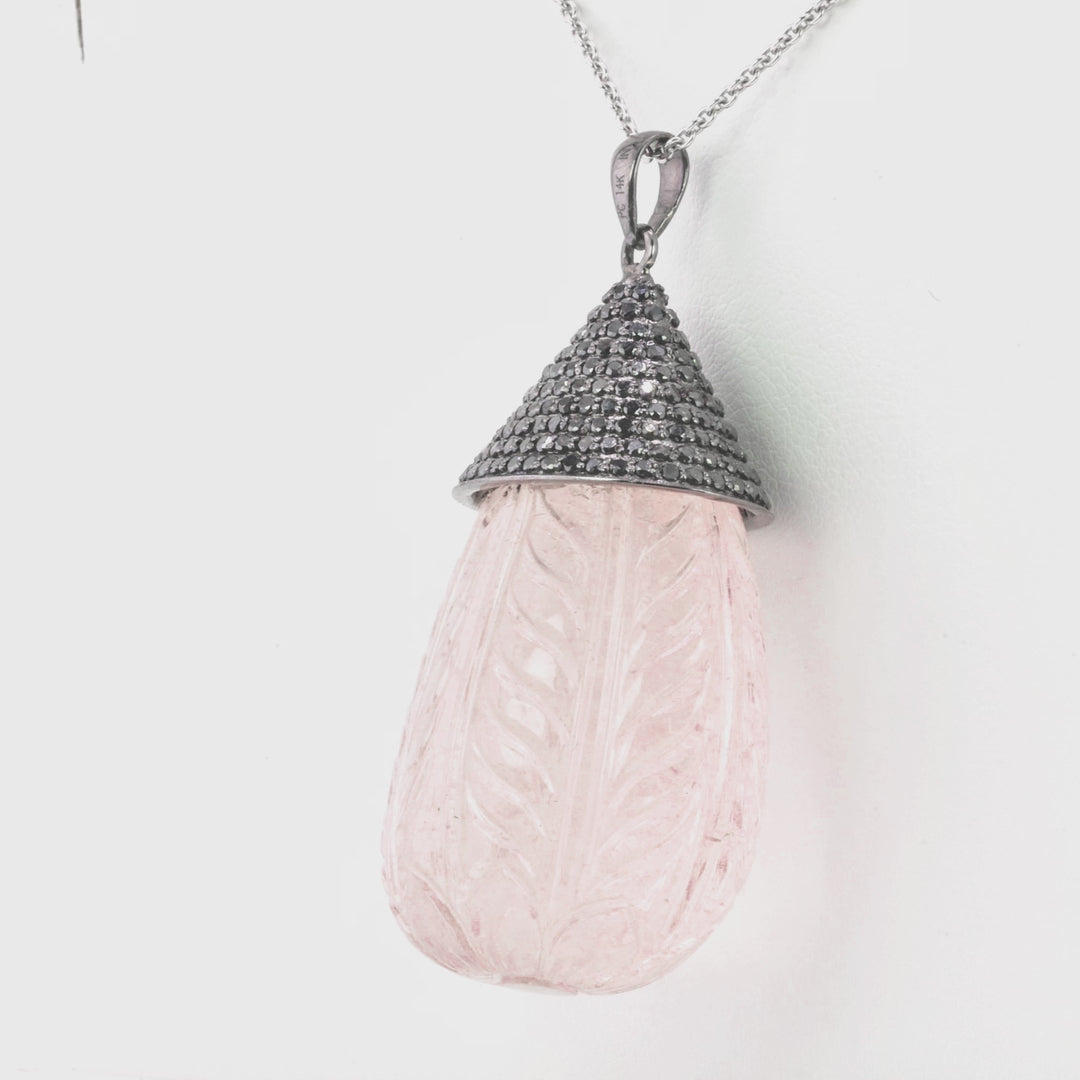 135.70 Cts Morganite and Black Diamond Pendant in 14K Two Tone