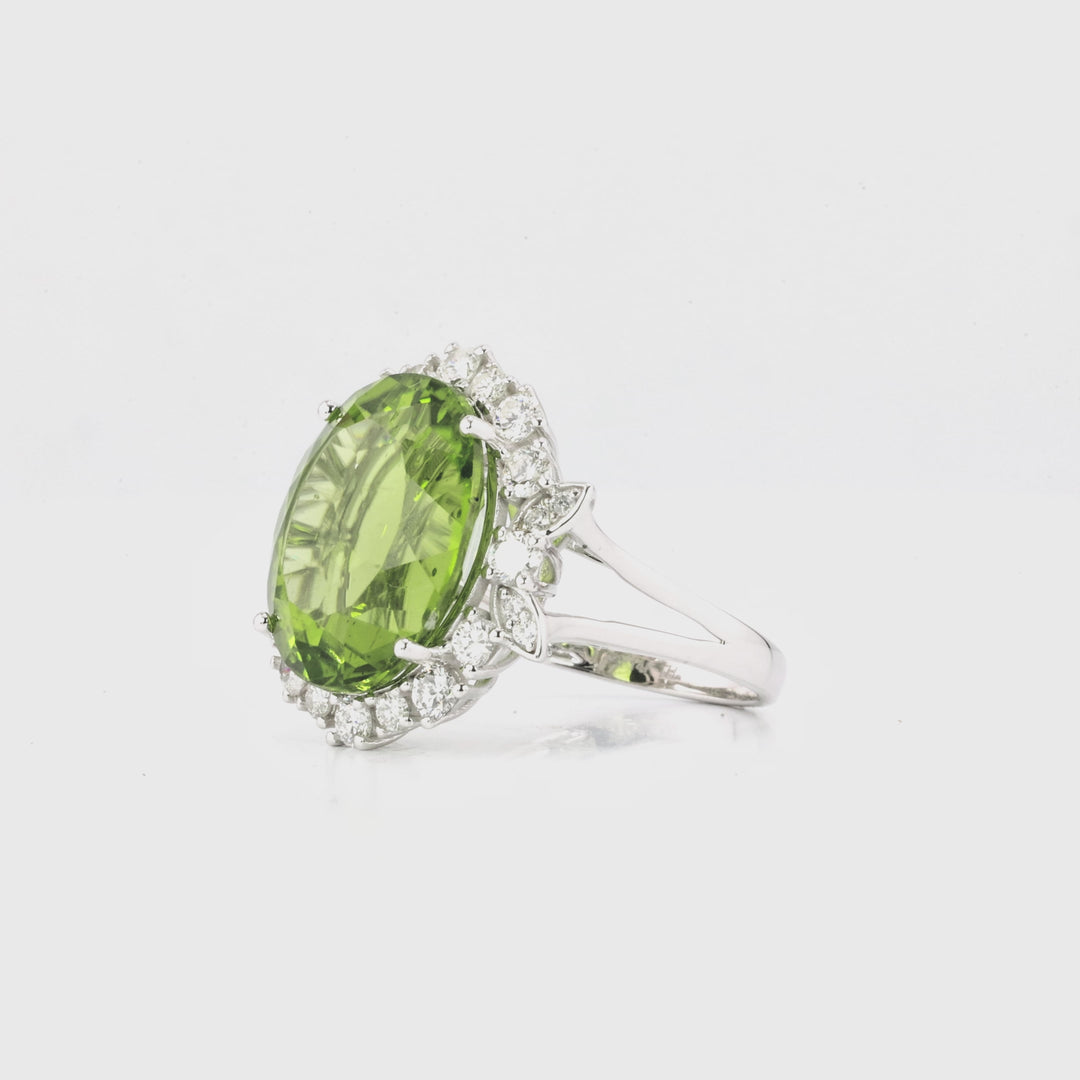 14.28 Cts Peridot and White Diamond Ring in 14K White Gold