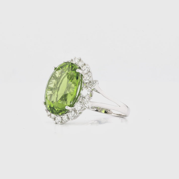 14.28 Cts Peridot and White Diamond Ring in 14K White Gold