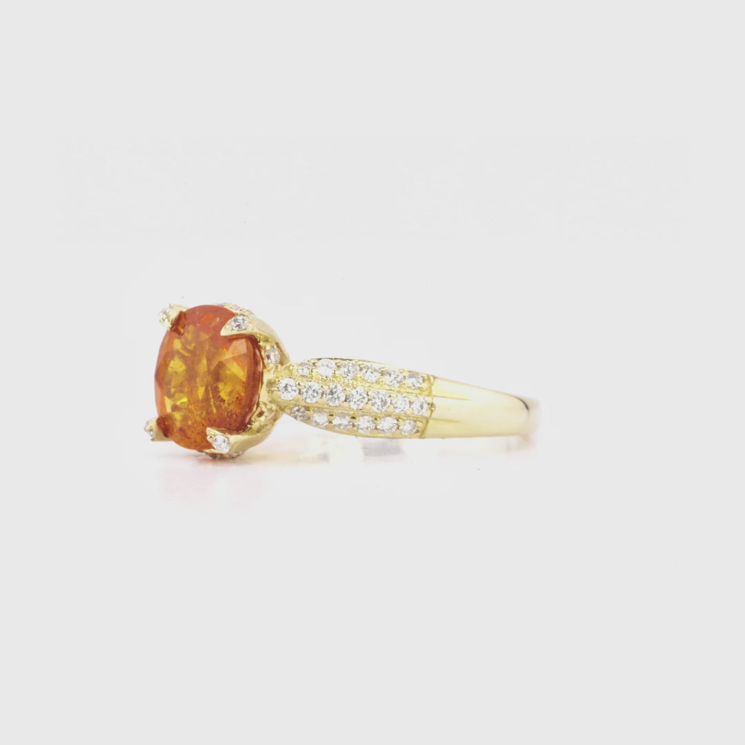 3.05 Cts Spessartite and White Diamond Ring in 14K Yellow Gold