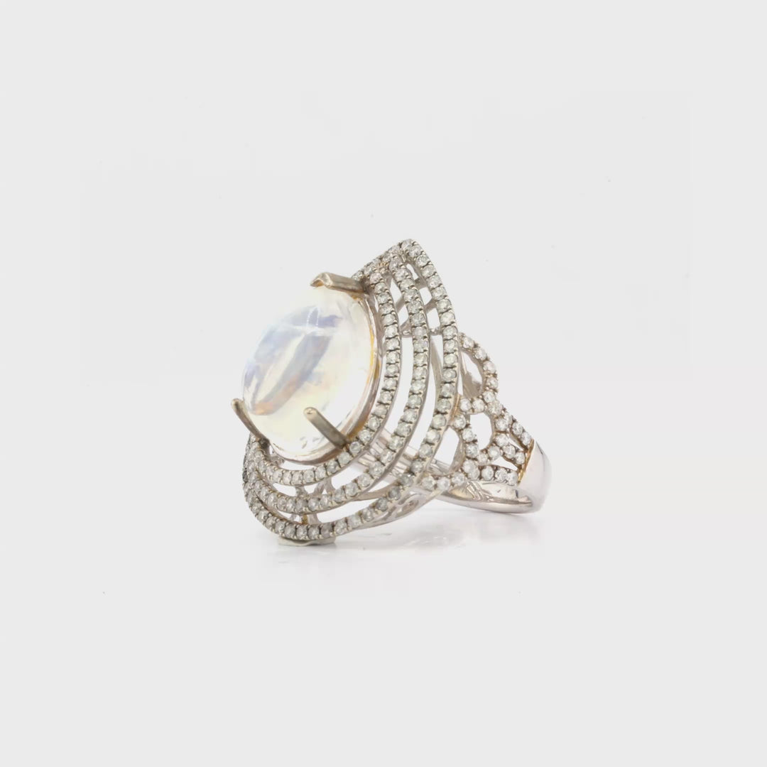 9.91 Cts Moonstone and White Diamond Ring in 14K White Gold