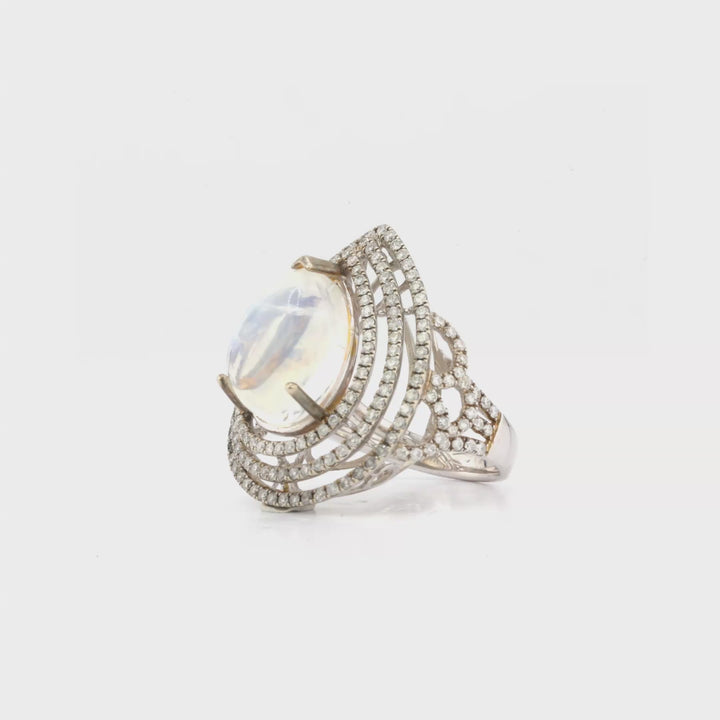 9.91 Cts Moonstone and White Diamond Ring in 14K White Gold
