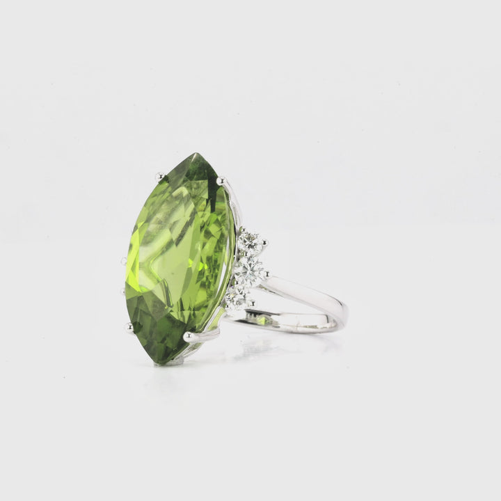 11.95 Cts Peridot and White Diamond Ring in 14K White Gold