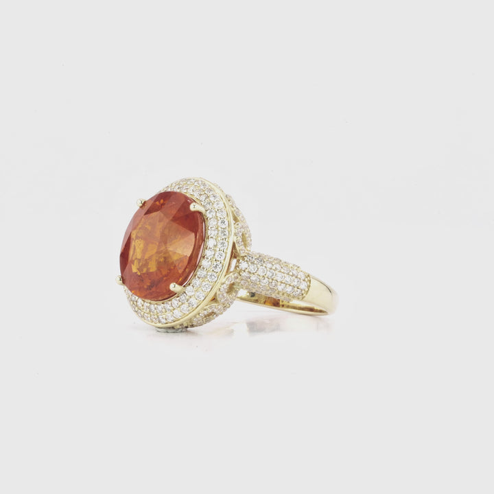 11.4 Cts Spessartite and White Diamond Ring in 14K Yellow Gold