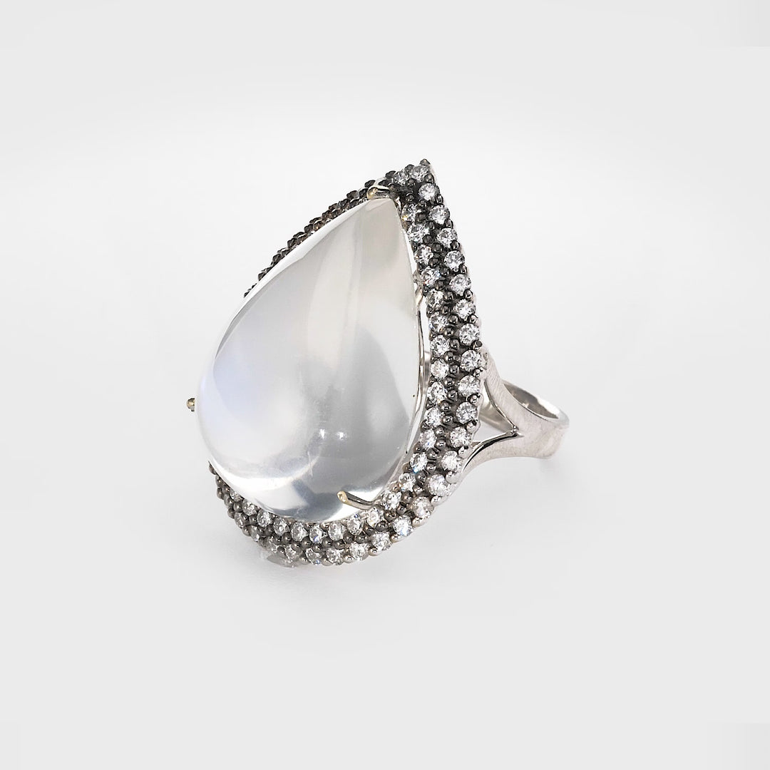 35.44 Cts Moonstone and White Diamond Ring in 18K Two Tone