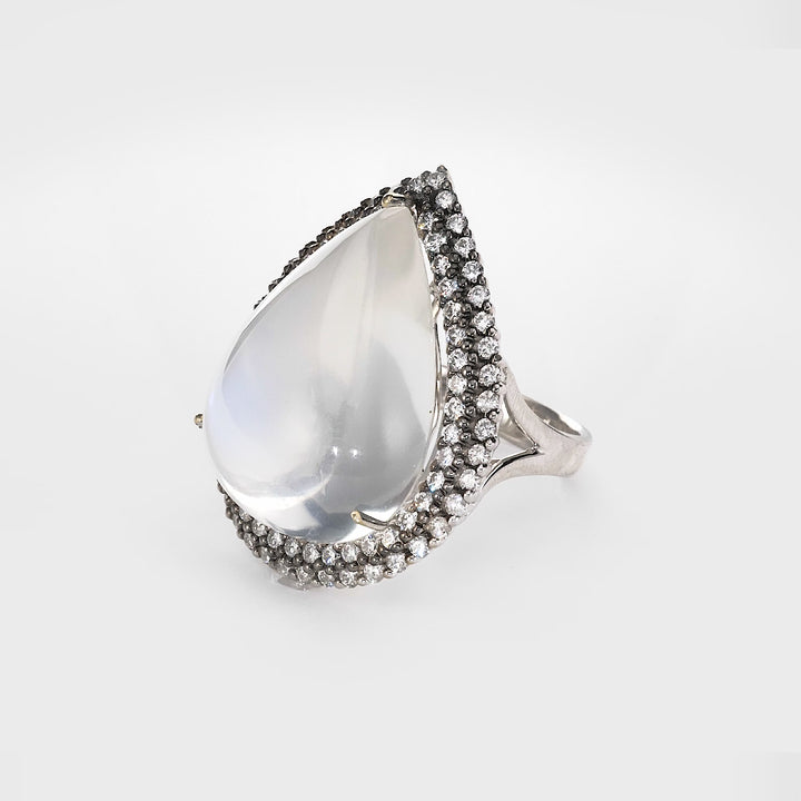 35.44 Cts Moonstone and White Diamond Ring in 18K Two Tone